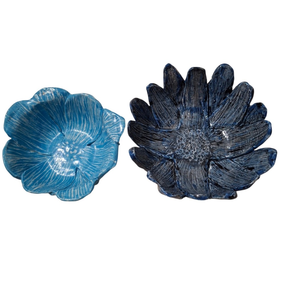 Studio Art Pottery Sgraffito Handmade Ceramic Signed CH Flower Bowl Set Of 2
